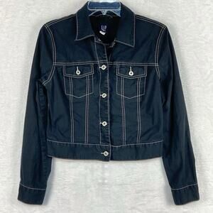 VTG Y2K Gap Cropped Denim Trucker Jacket Womens S Stretch Black White Stitch